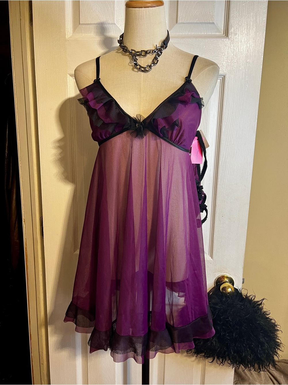 New Betsey Johnson Intimates Purple Sheer Ruffle Babydoll Chemise Thong Set L